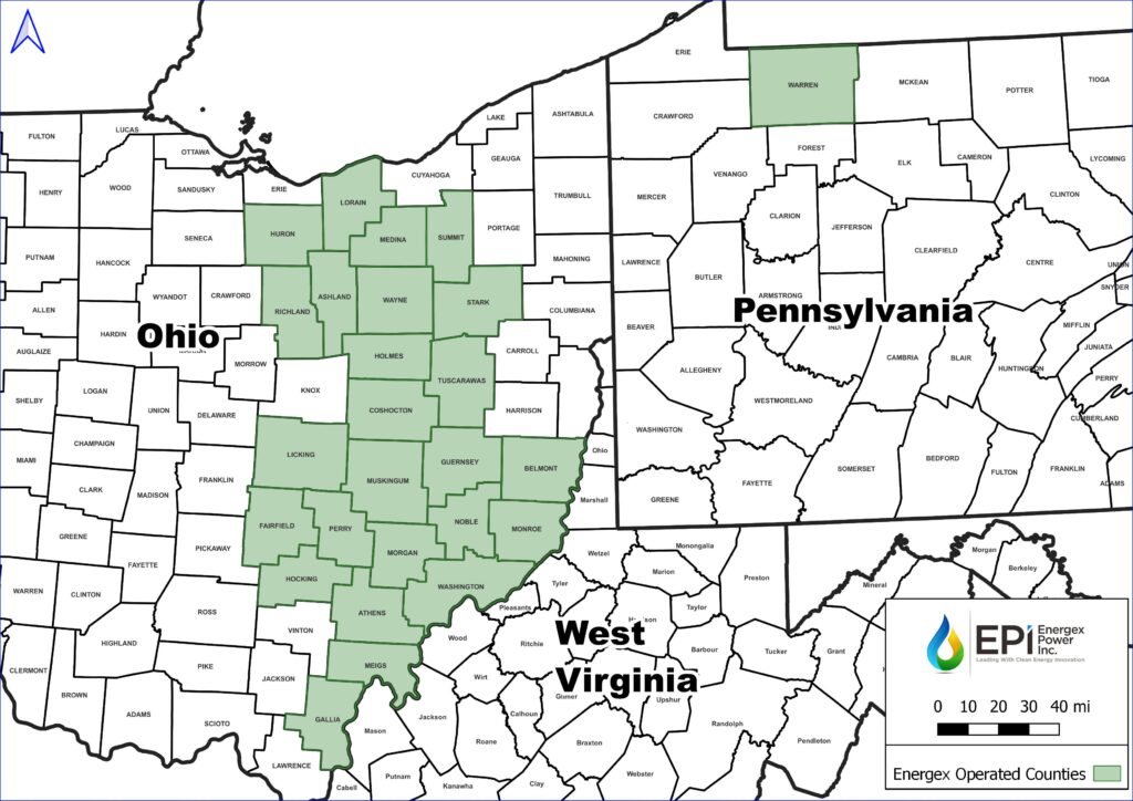 Map of Ohio and Pennsylvania counties Energex Power works in currently